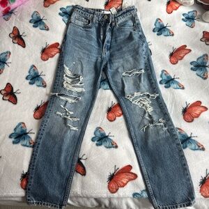 Light Blue Distressed Straight Jeans with Frayed Rips
